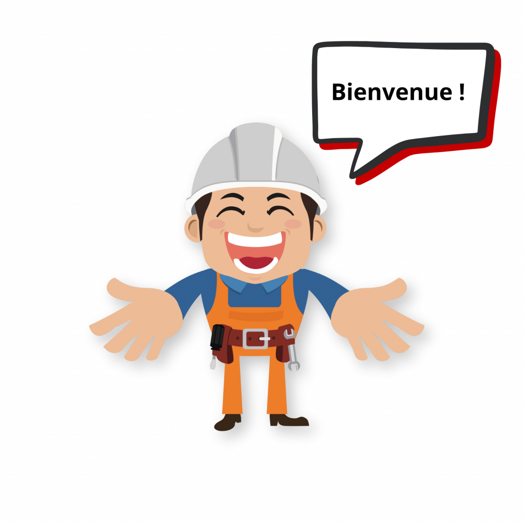 Illustration d’un dépanneur souriant avec une bulle 'Bienvenue' sur Direct-Dépannage.pro.