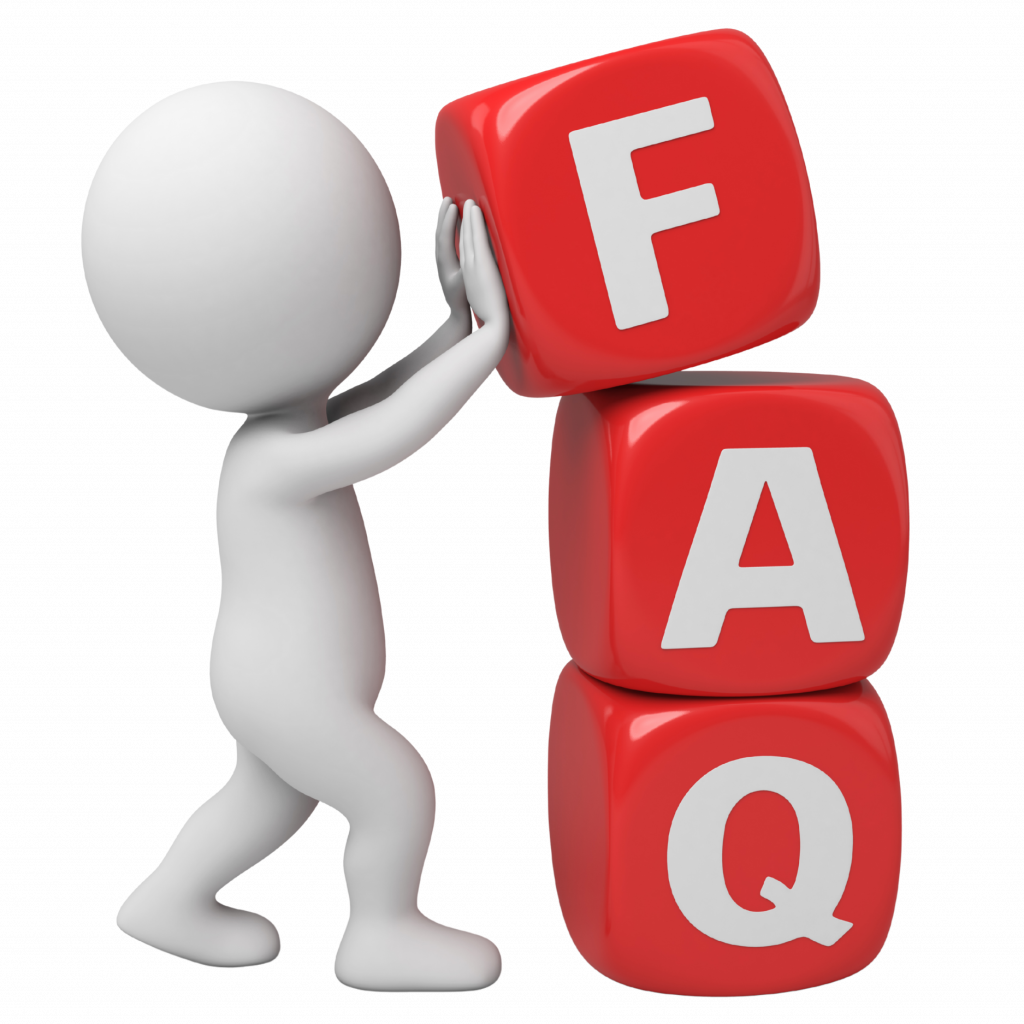 Illustration 3D d’un personnage poussant des cubes rouges avec les lettres 'FAQ', symbolisant la section des questions fréquentes sur Direct-Dépannage.pro.