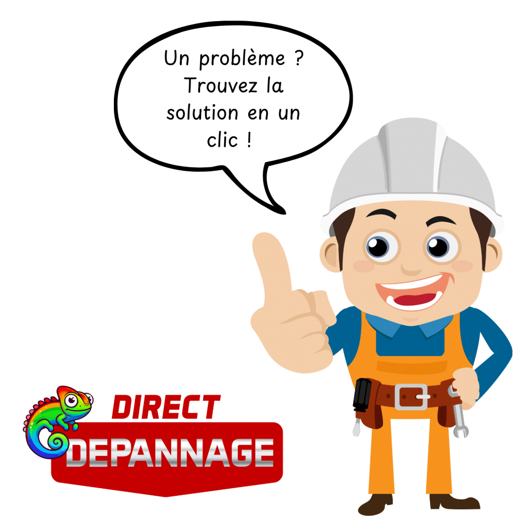 Illustration d’un professionnel du dépannage portant un casque et une ceinture à outils, levant le doigt avec un sourire, à côté du logo Direct-Dépannage.pro