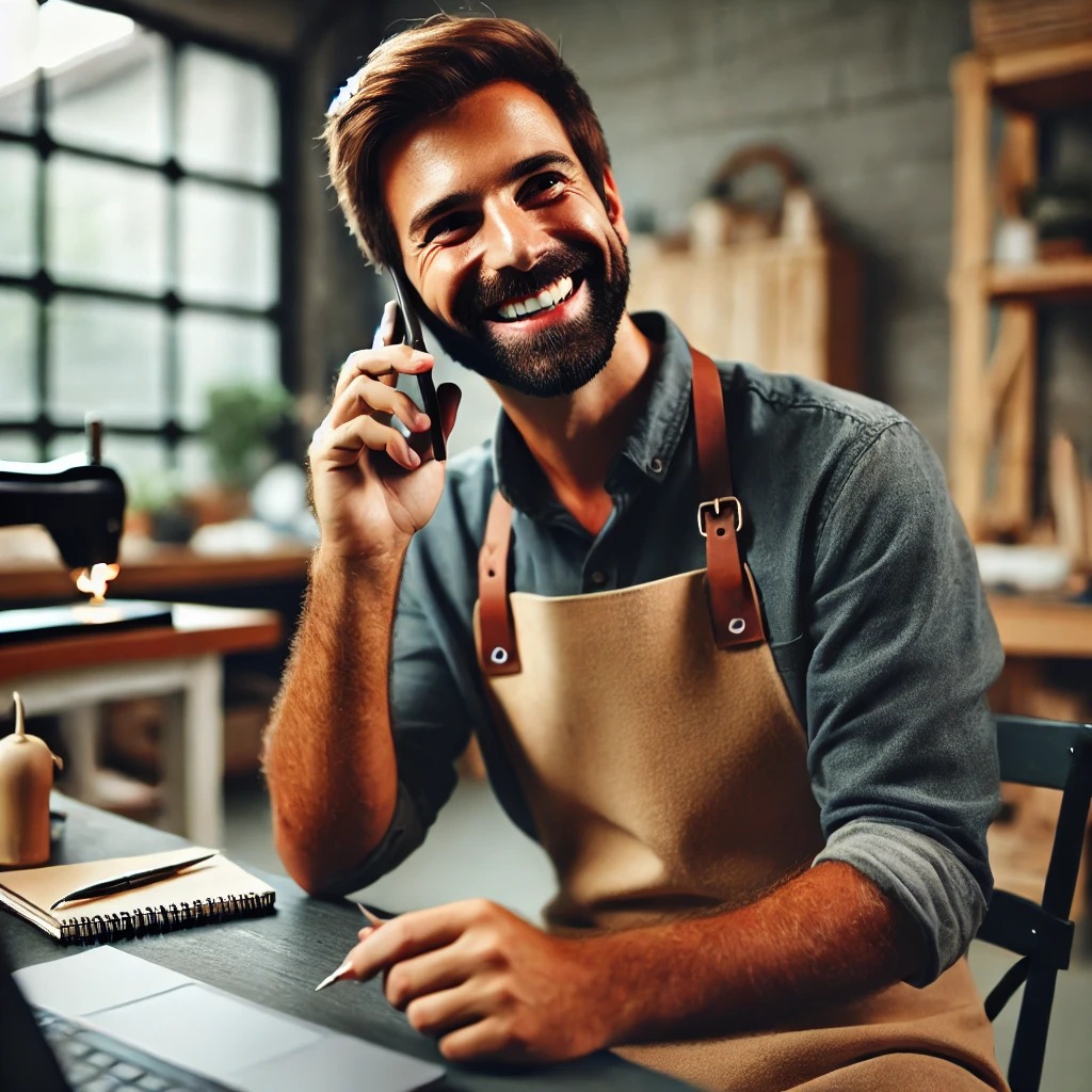 Professionnel souriant utilisant un annuaire en ligne pour gérer son activité.